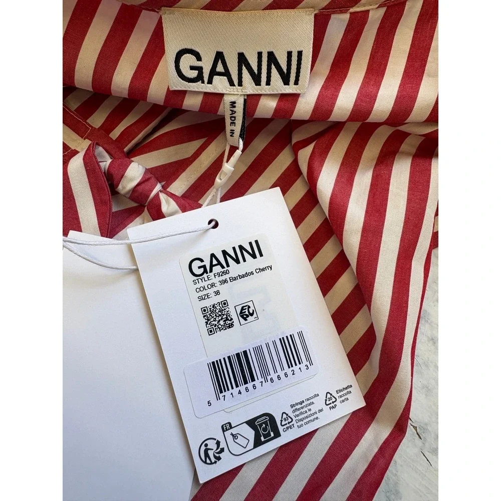 Ganni Barbados Cherry Stripe Cotton Mini Dress Bow Tie Sleeveless NWT Poplin 38
